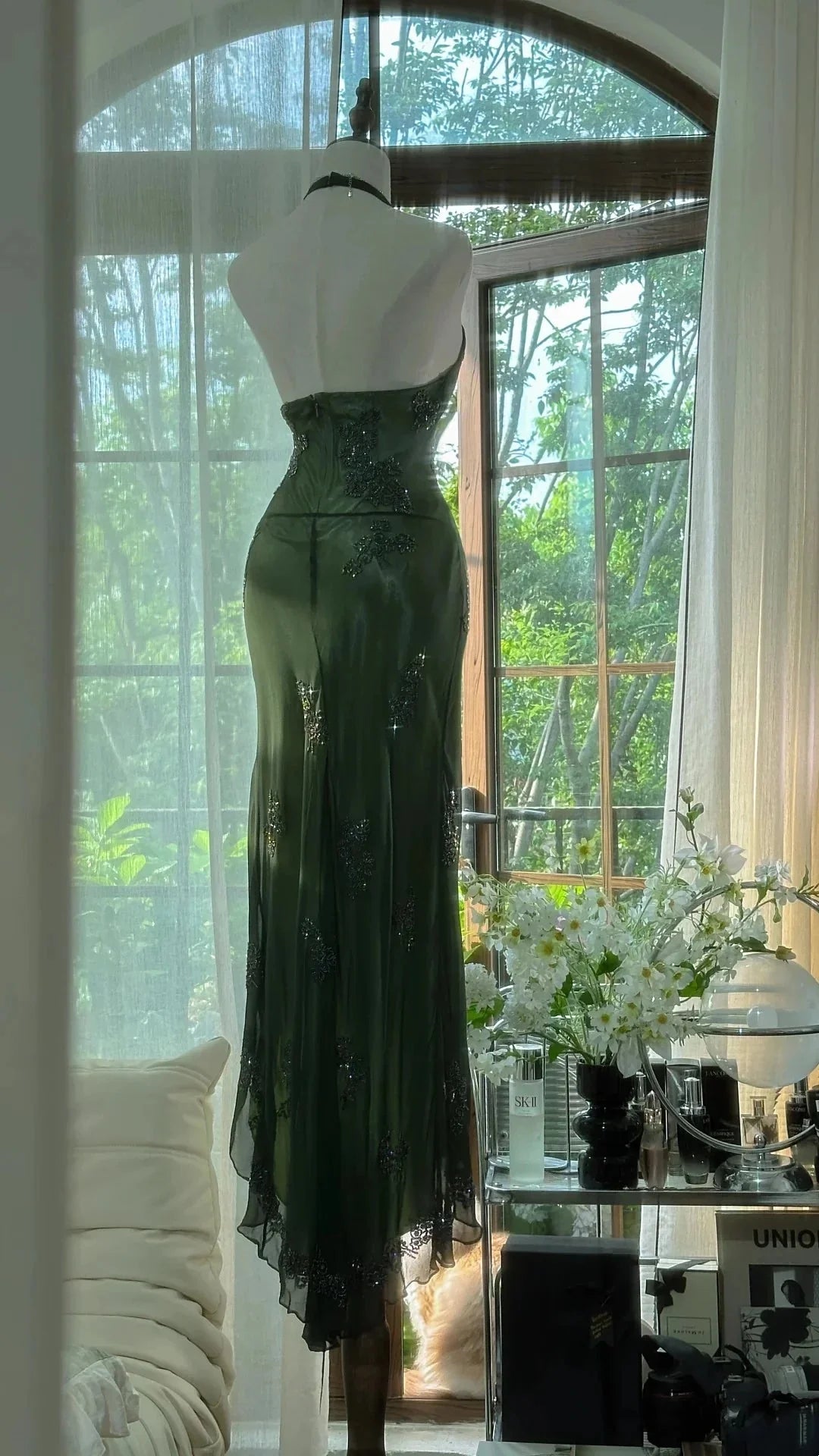Dark Green Beaded Elegant Long Chiffon Ball Gown Formal Evening Dresses Party Dresses