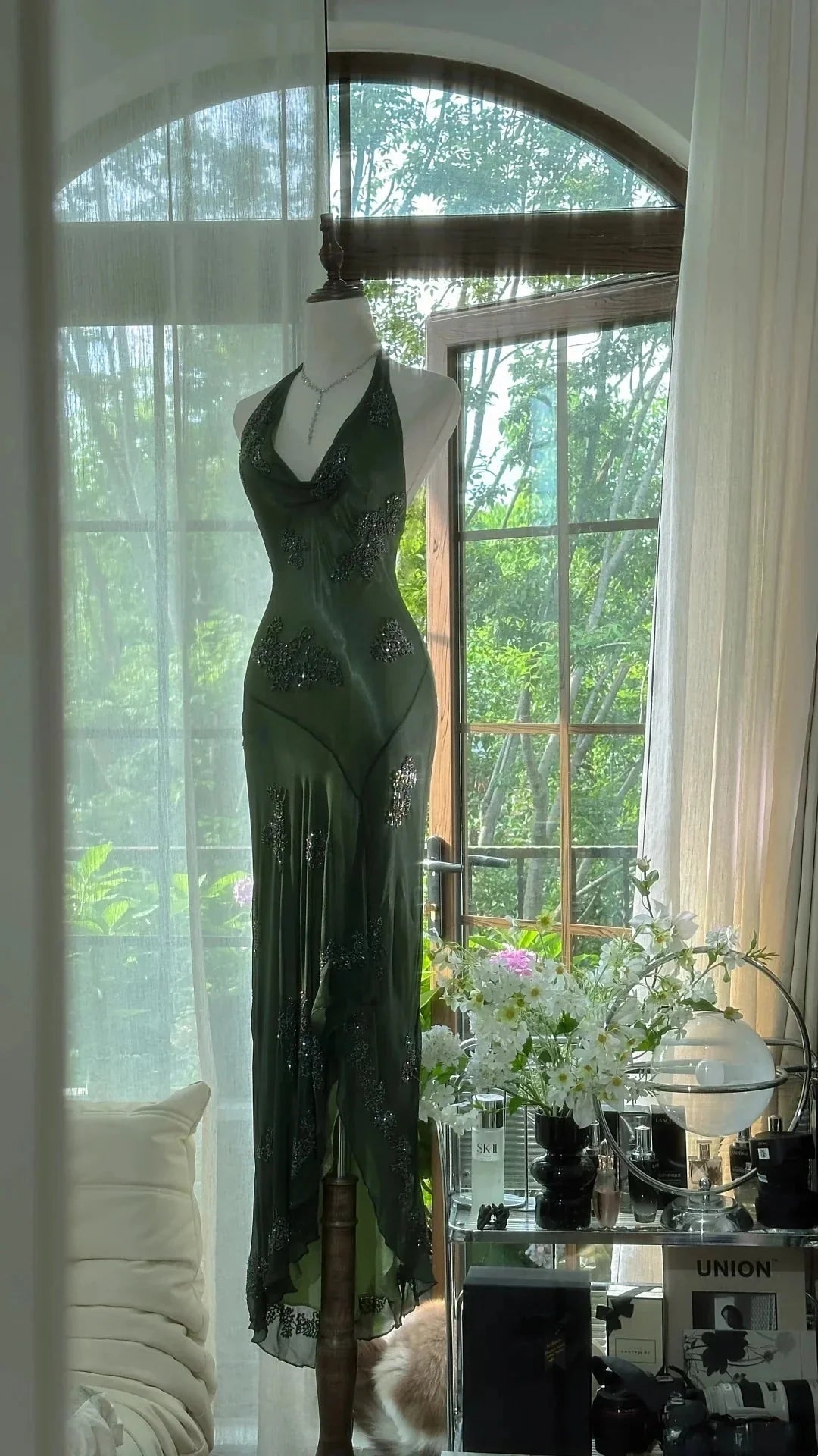 Dark Green Beaded Elegant Long Chiffon Ball Gown Formal Evening Dresses Party Dresses