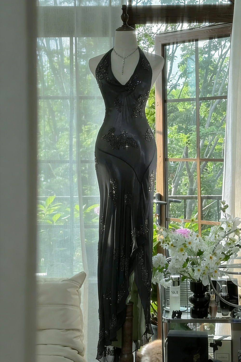 Dark Green Beaded Elegant Long Chiffon Ball Gown Formal Evening Dresses Party Dresses
