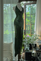 Dark Green Beaded Elegant Long Chiffon Ball Gown Formal Evening Dresses Party Dresses