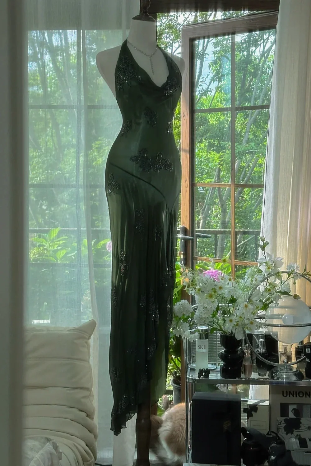 Dark Green Beaded Elegant Long Chiffon Ball Gown Formal Evening Dresses Party Dresses