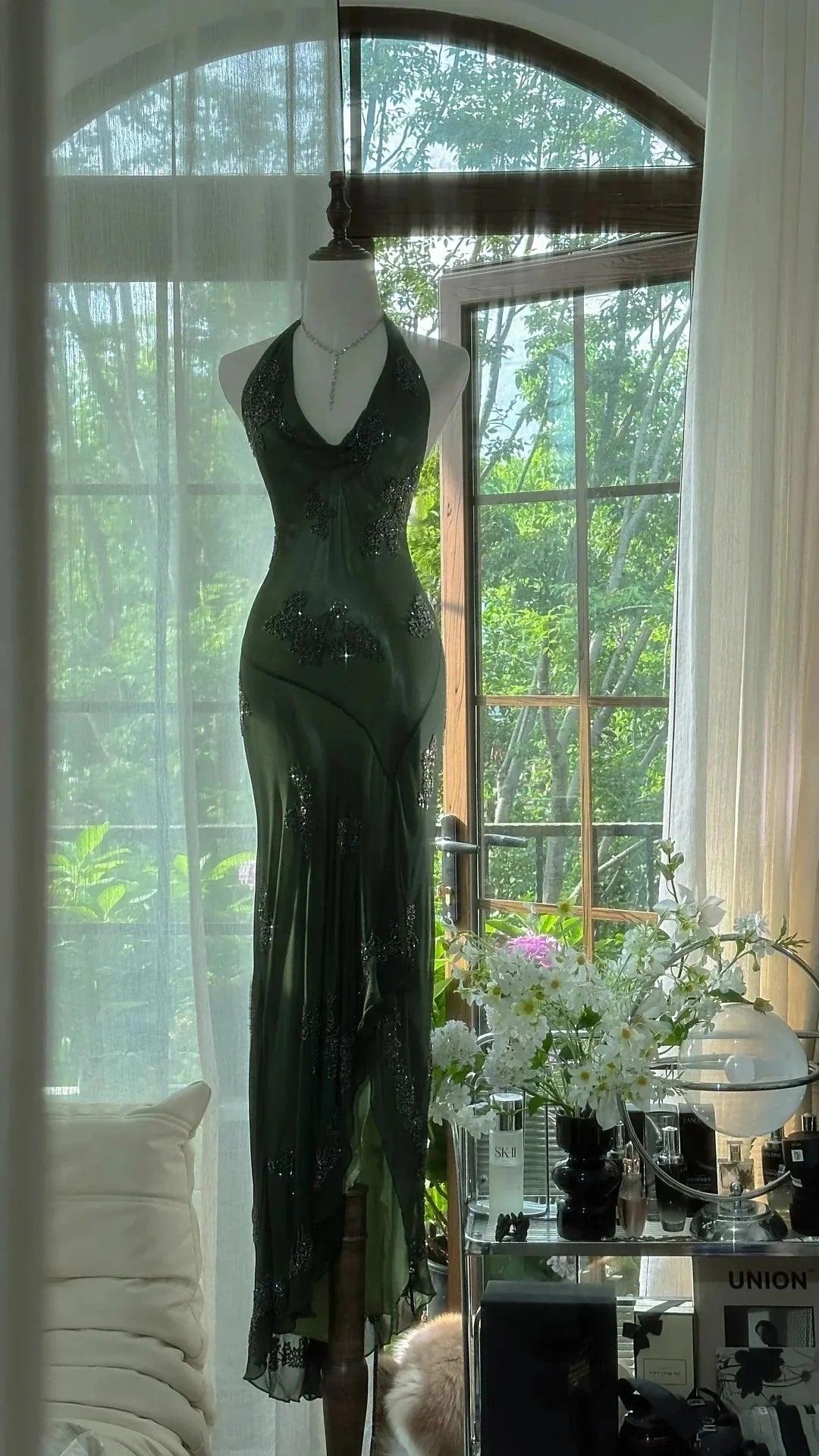 Dark Green Beaded Elegant Long Chiffon Ball Gown Formal Evening Dresses Party Dresses