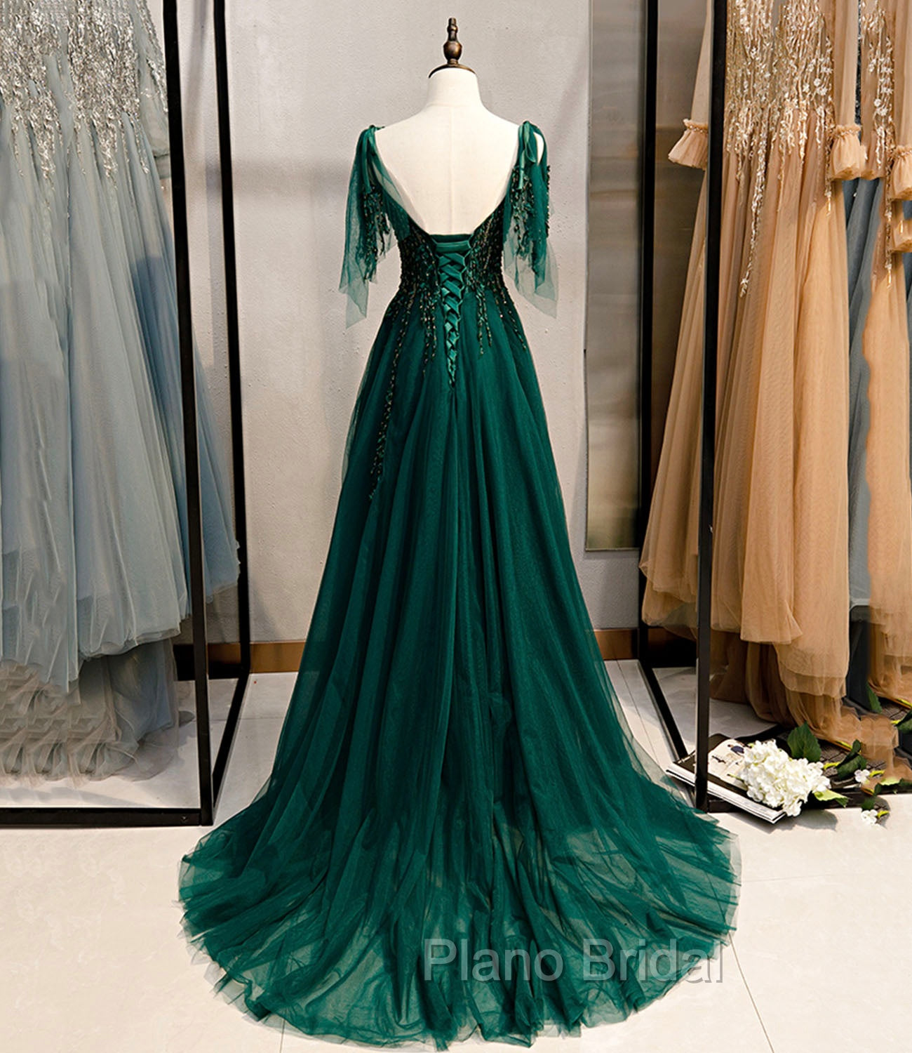 Dark Green Beaded Tulle Straps A-line Formal Dresses, Green Evening Dresses Formal Prom Dresses Secondary image