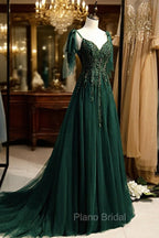 Dark Green Beaded Tulle Straps A-line Formal Dresses, Green Evening Dresses Formal Prom Dresses