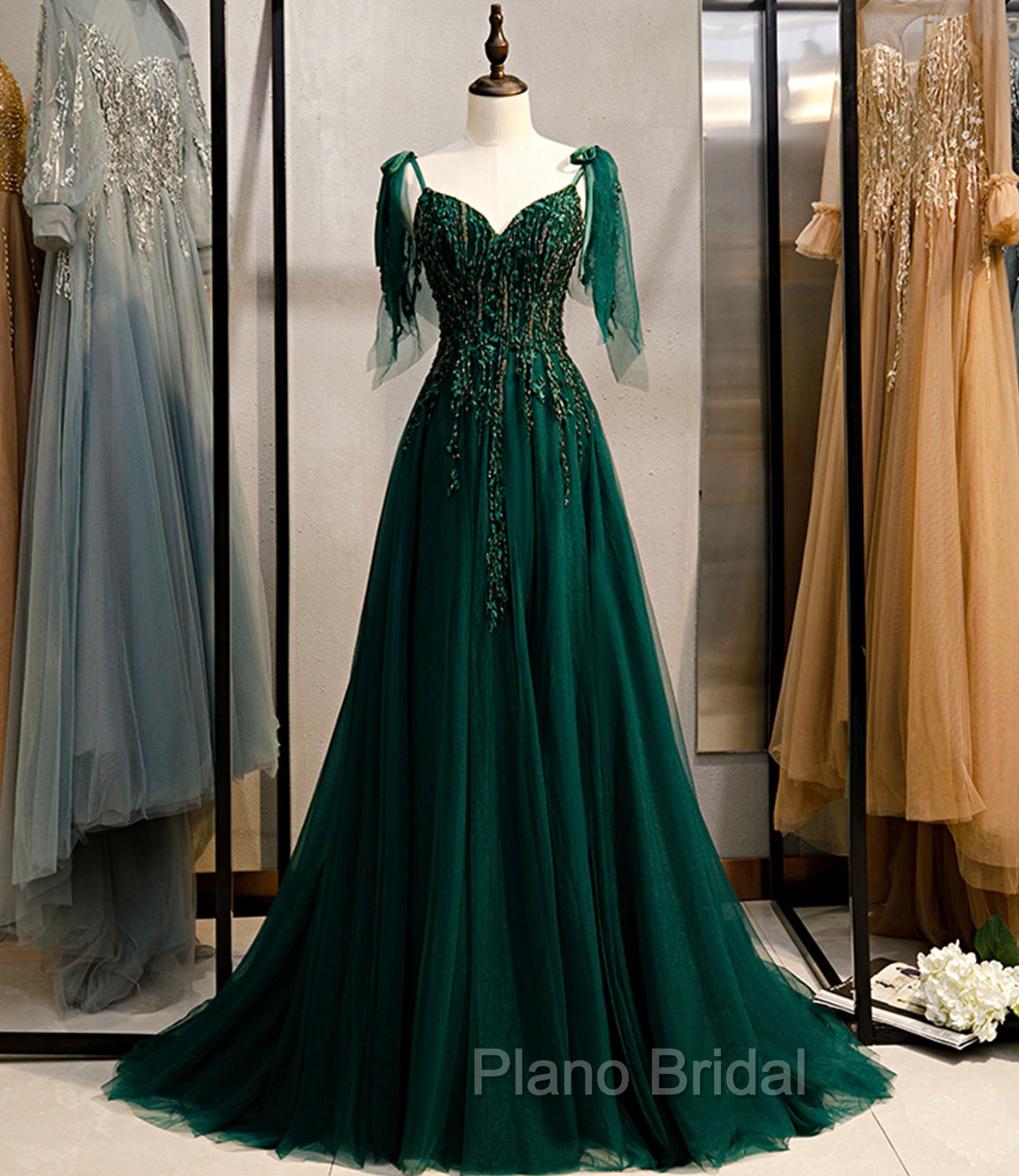 Dark Green Beaded Tulle Straps A-line Formal Dresses, Green Evening Dresses Formal Prom Dresses