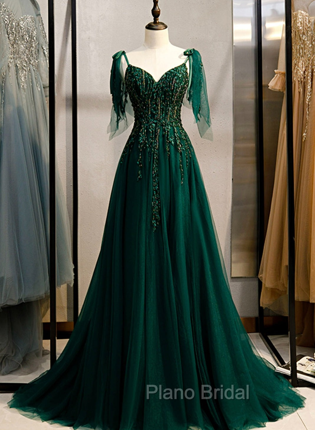 Dark Green Beaded Tulle Straps A-line Formal Dresses, Green Evening Dresses Formal Prom Dresses