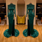 Dark Green Beadings Pearl Long Sleeves Evening Gowns Mermaid Formal Prom Dresses With Slit