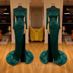 Dark Green Beadings Pearl Long Sleeves Evening Gowns Mermaid Formal Prom Dresses With Slit