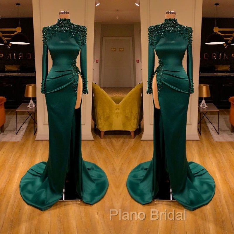 Dark Green Beadings Pearl Long Sleeves Evening Gowns Mermaid Formal Prom Dresses With Slit