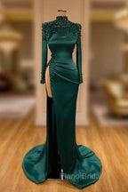 Dark Green Beadings Pearl Long Sleeves Evening Gowns Mermaid Formal Prom Dresses With Slit