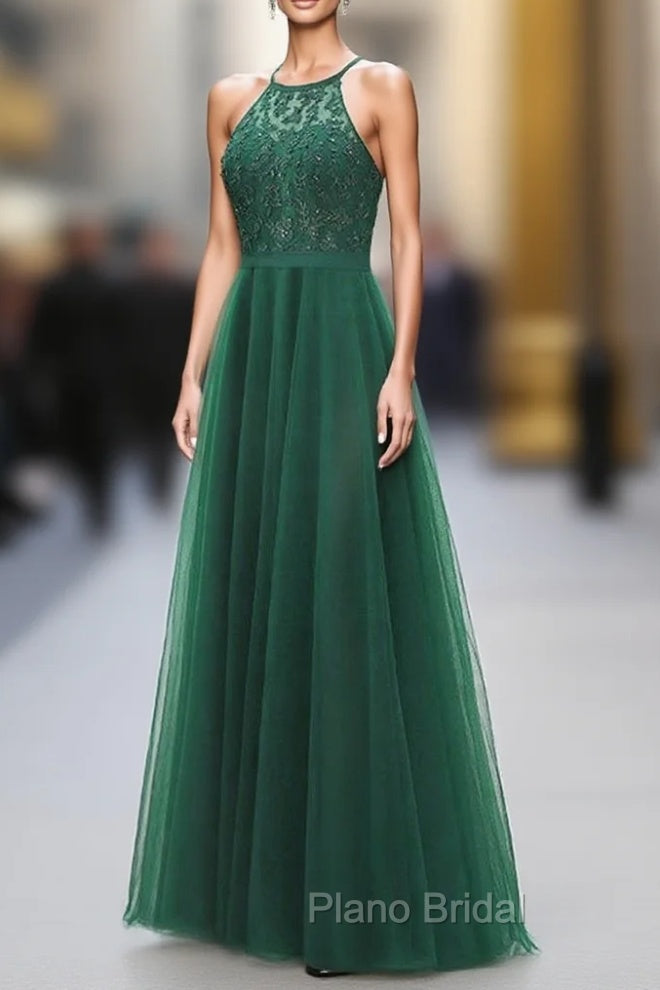 Dark Green Cross Back Tulle Halter Long Party Dresses, A-line Junior Formal Prom Dresses