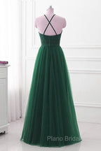 Dark Green Cross Back Tulle Halter Long Party Dresses, A-line Junior Formal Prom Dresses