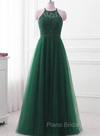 Dark Green Cross Back Tulle Halter Long Party Dresses, A-line Junior Formal Prom Dresses