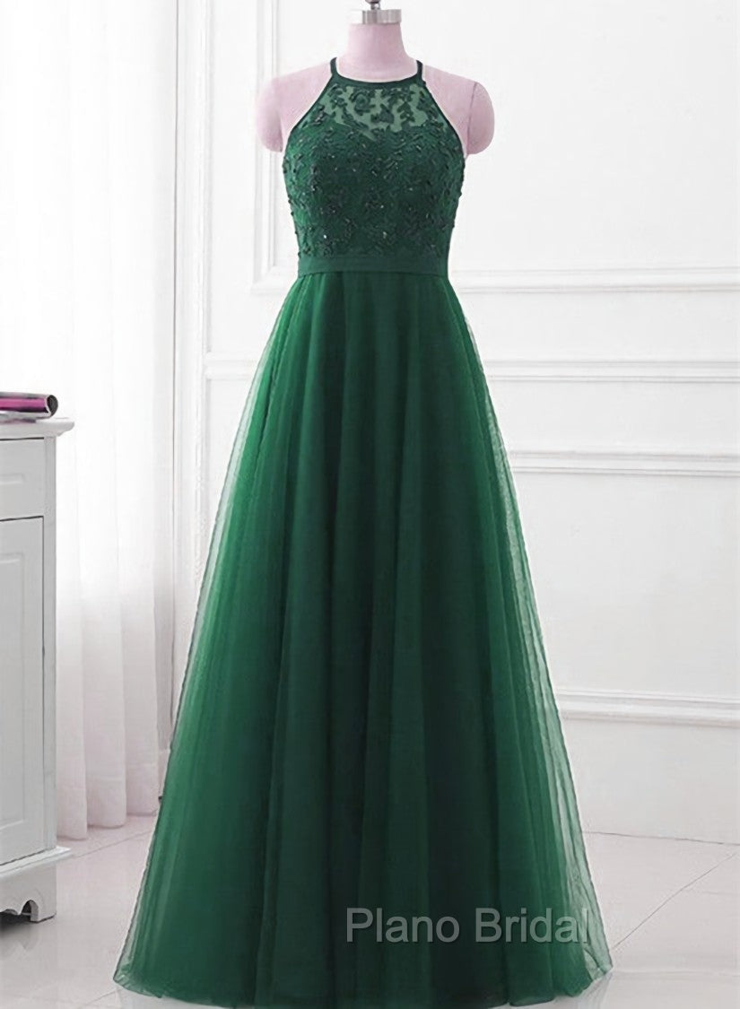 Dark Green Cross Back Tulle Halter Long Party Dresses, A-line Junior Formal Prom Dresses