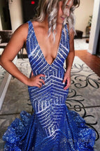 Dark Green Deep V Neck Sequin Mermaid Prom Dress