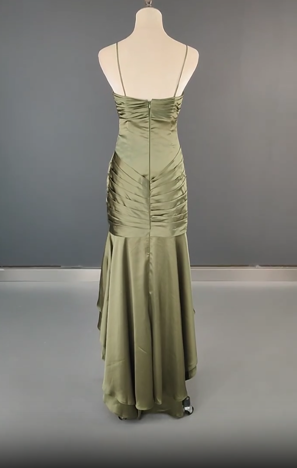 Elegant Spaghetti Strap Mermaid Satin Dark Green Long Formal Prom Dresses Gorgeous Formal Evening Dresses