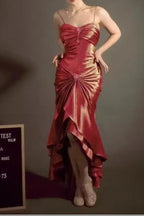 Elegant Spaghetti Strap Mermaid Satin Dark Green Long Formal Prom Dresses Gorgeous Formal Evening Dresses