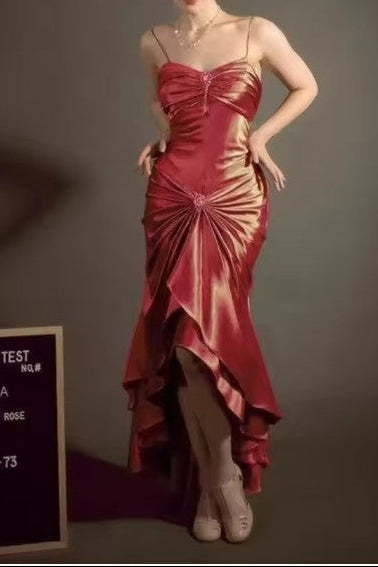 Elegant Spaghetti Strap Mermaid Satin Dark Green Long Formal Prom Dresses Gorgeous Formal Evening Dresses