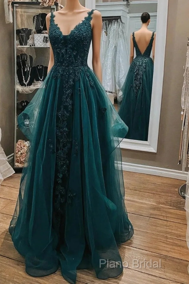 Dark Green Lace Beaded Long Formal Prom Dresses, V Neck Backless Formal Dresses Main image