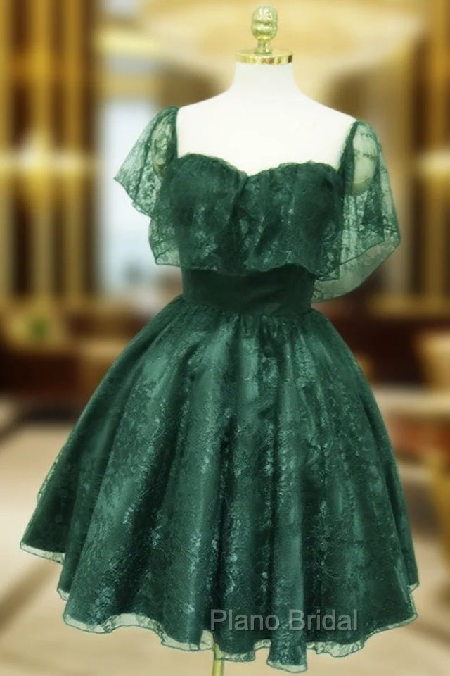Dark Green Lace Off Shoulder Short Party Dresses, Lace Homecoming Dresses