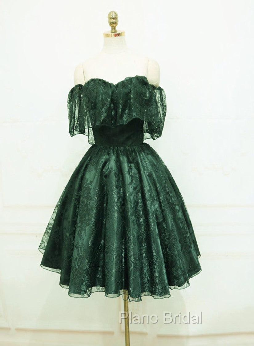 Dark Green Lace Off Shoulder Short Party Dresses, Lace Homecoming Dresses Secondary image