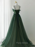 Dark Green Long Beaded A-line Evening Dresses Party Dresses, Green Formal Prom Dresses