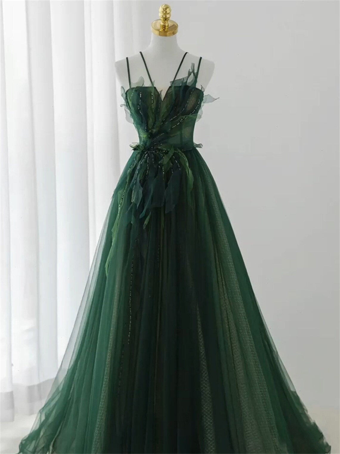 Dark Green Long Beaded A-Line Formal Evening Dresses Party Dresses, Green Formal Prom Dresses