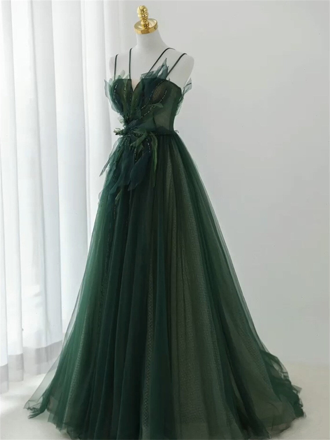 Dark Green Long Beaded A-Line Formal Evening Dresses Party Dresses, Green Formal Prom Dresses Main image
