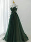 Dark Green Long Beaded A-Line Formal Evening Dresses Party Dresses, Green Formal Prom Dresses