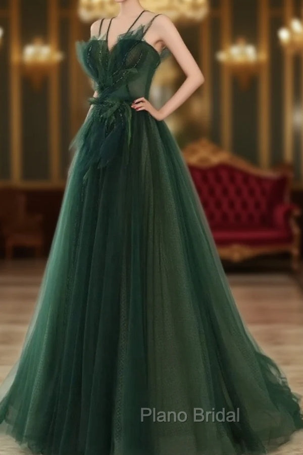 Dark Green Long Beaded A-line Evening Dresses Party Dresses, Green Formal Prom Dresses