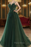 Dark Green Long Beaded A-line Evening Dresses Party Dresses, Green Formal Prom Dresses