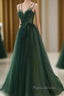 Dark Green Long Beaded A-Line Evening Dresses Party Dresses Formal Prom Dresses Formal Dresses December Wedding Guest Dresses