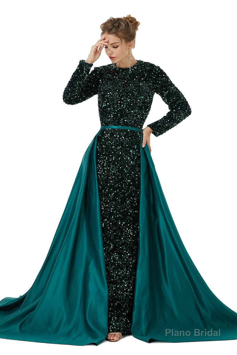 Long sleeve Sequin Prom Dresses with Detachable Skirt