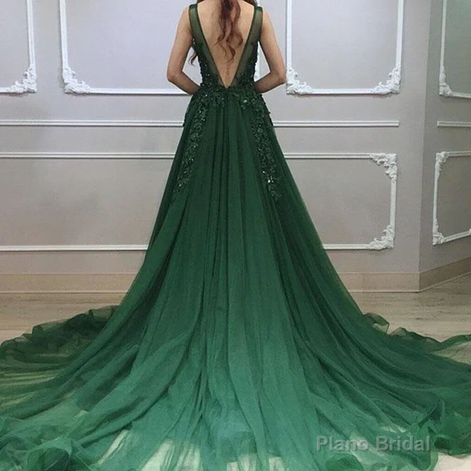 Dark Green Low Back Beaded Lace V-neckline Party Dress A-line Prom Dress Floor Length Secondary image