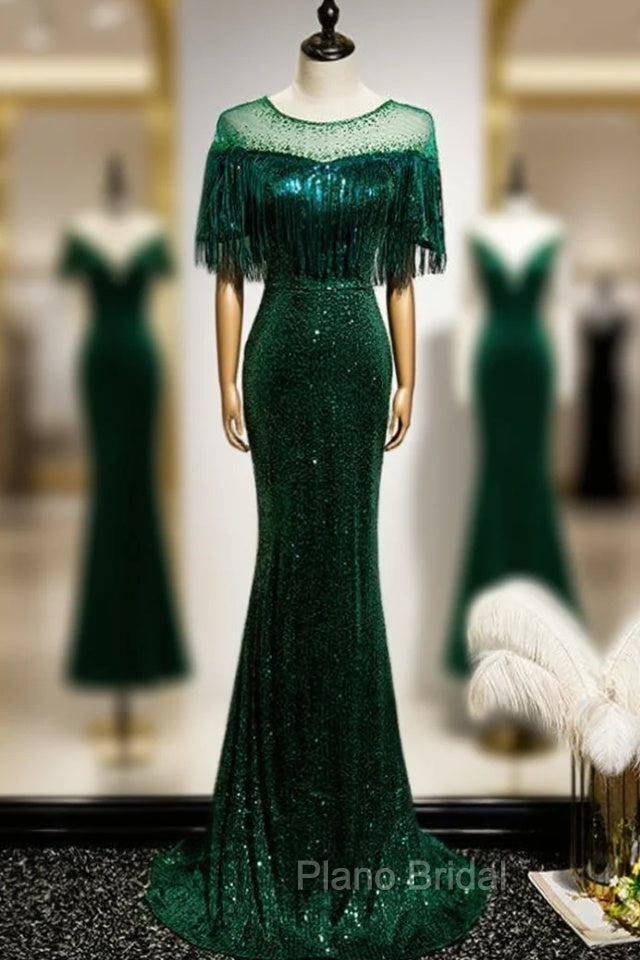 Dark Green Mermadi Sequins Tassel Short Sleeve Formal Prom Dresses