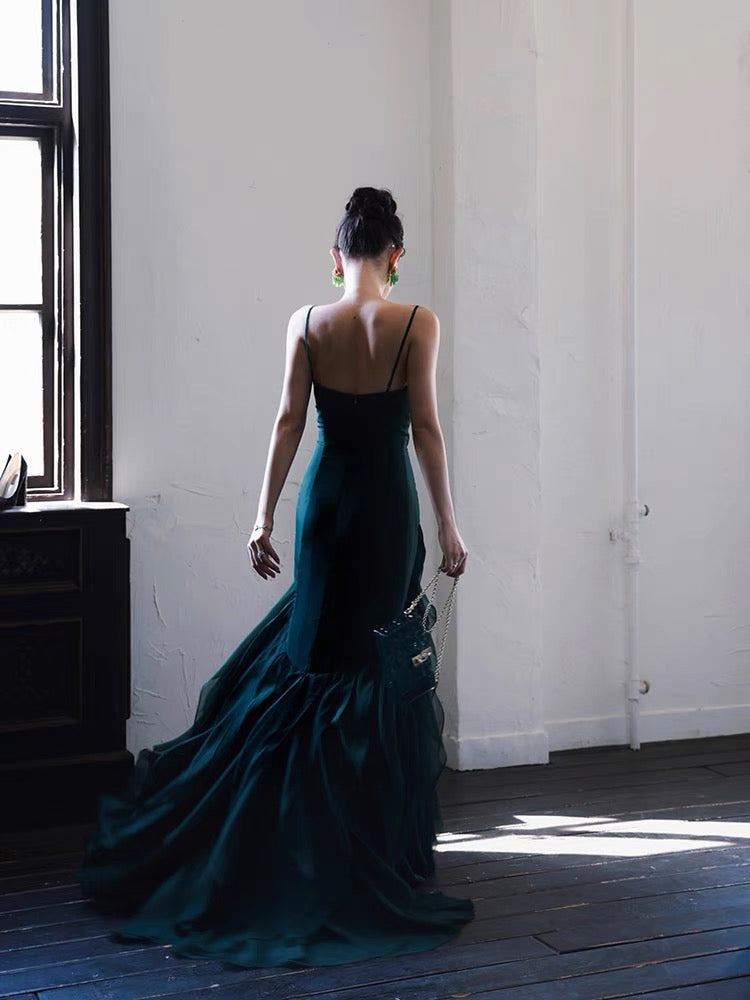 Dark Green Mermaid Ruffle Chiffon Long Formal Prom Dresses