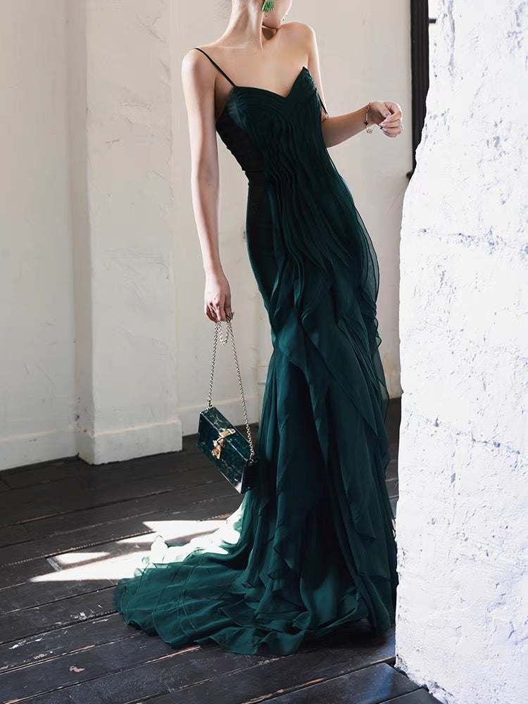 Dark Green Mermaid Ruffle Chiffon Long Formal Prom Dresses