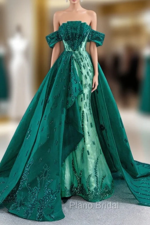 Dark Green Mermaid Satin Sequins Off the Shoulder Formal Prom Dresses Main image