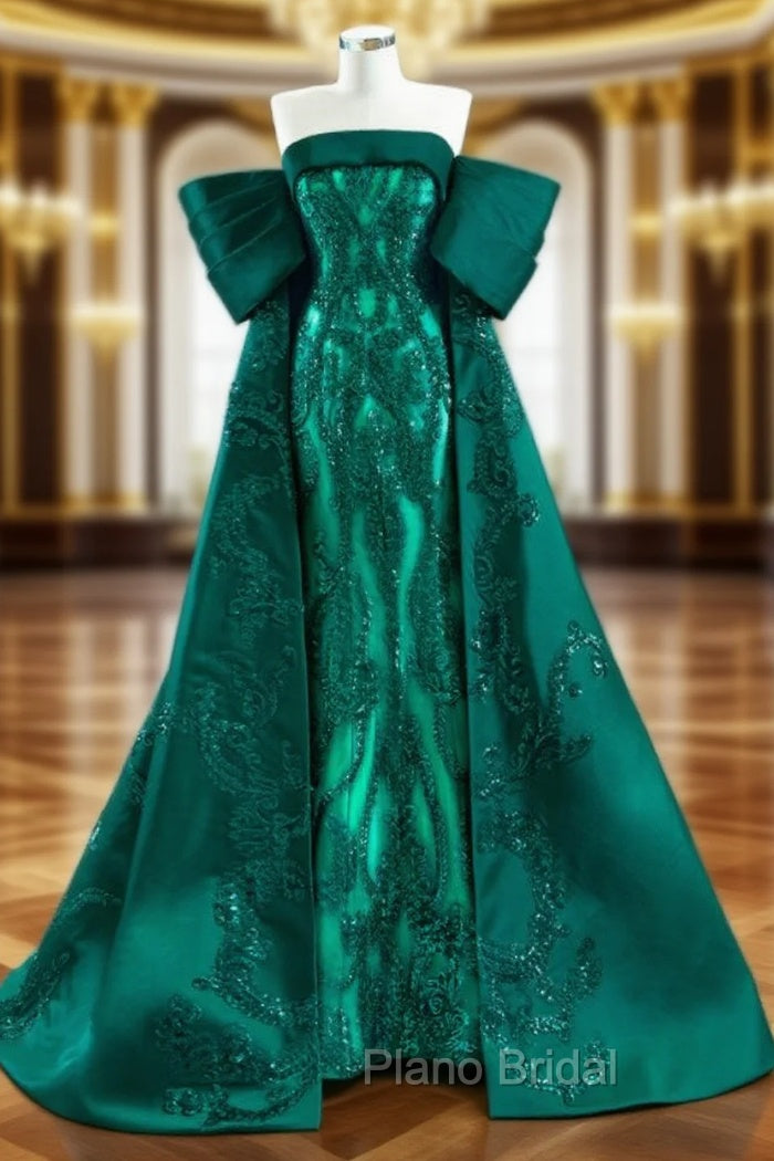 Dark Green Mermaid Satin Sequins Pleats Formal Prom Dresses Main image