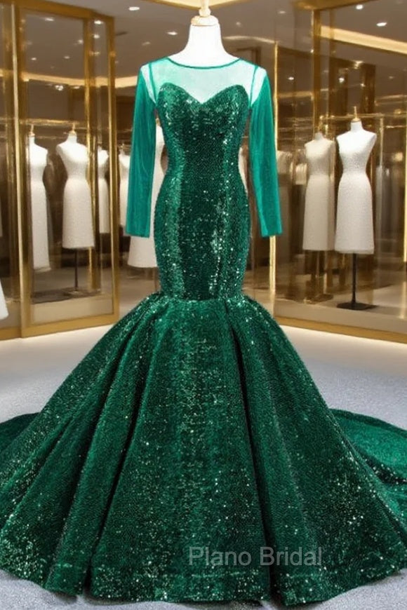 Dark Green Mermaid Sequins Long Sleeve Formal Prom Dresses With Train