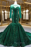 Dark Green Mermaid Sequins Long Sleeve Formal Prom Dresses With Train