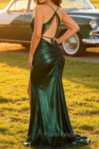 Dark Green Mermaid Spaghetti Straps Long Prom Dress with Open Back