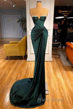 Dark Green Mermaid Spaghetti-Straps Satin Long Formal Prom Dresses With Beadings