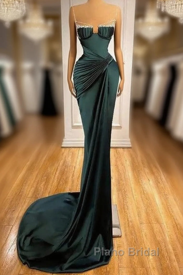 Dark Green Mermaid Spaghetti-Straps Satin Long Formal Prom Dresses With Beadings