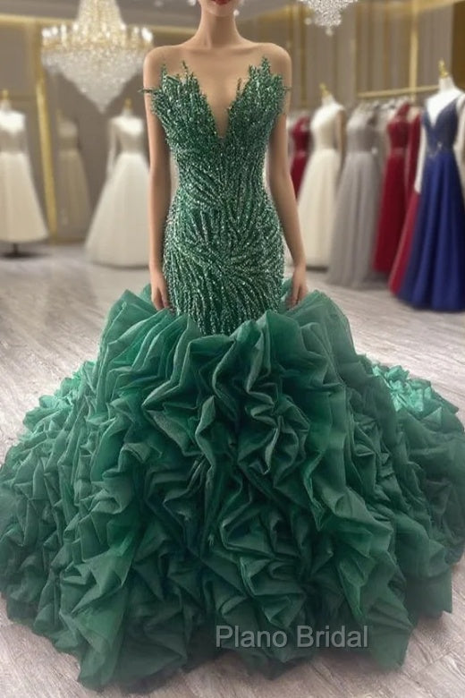 Dark Green Mermaid Strapless Ruffles Beading Formal Prom Dresses Main image