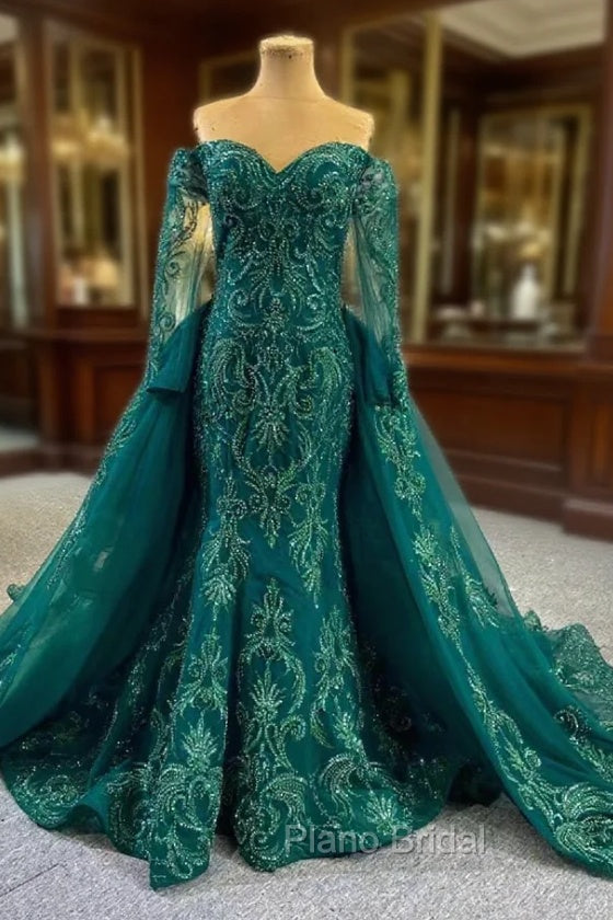 Dark Green Mermaid Tulle Appliques Beading Formal Prom Dresses