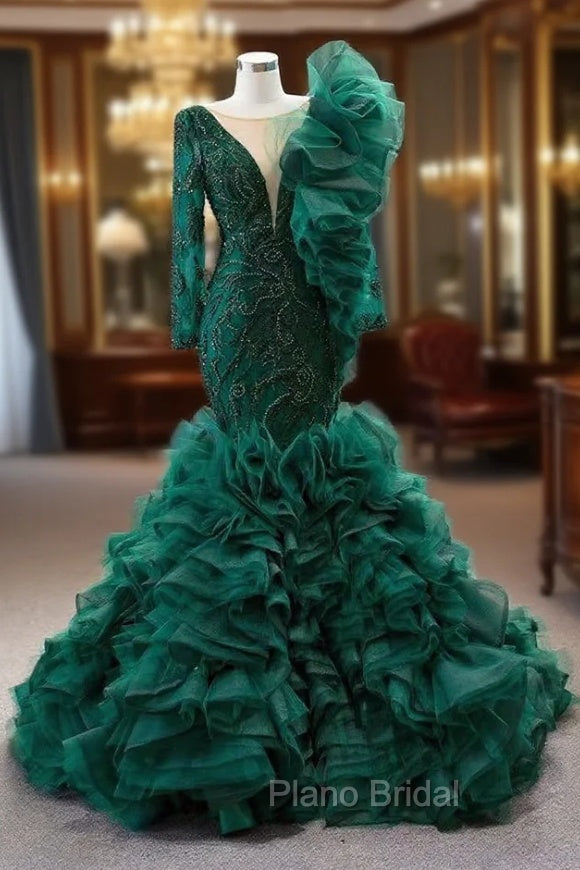 Dark Green Mermaid Tulle Beading Formal Prom Dresses
