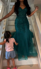 Dark Green Mermaid Tulle Lace Formal Prom Dresses Winter Formal Gown