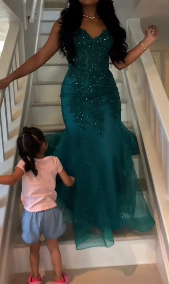 Dark Green Mermaid Tulle Lace Formal Prom Dresses Winter Formal Gown