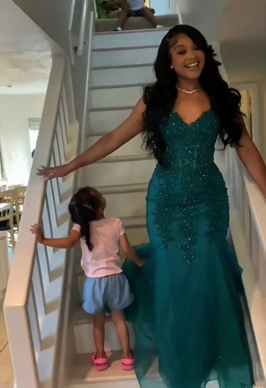 Dark Green Mermaid Tulle Lace Formal Prom Dresses Winter Formal Gown